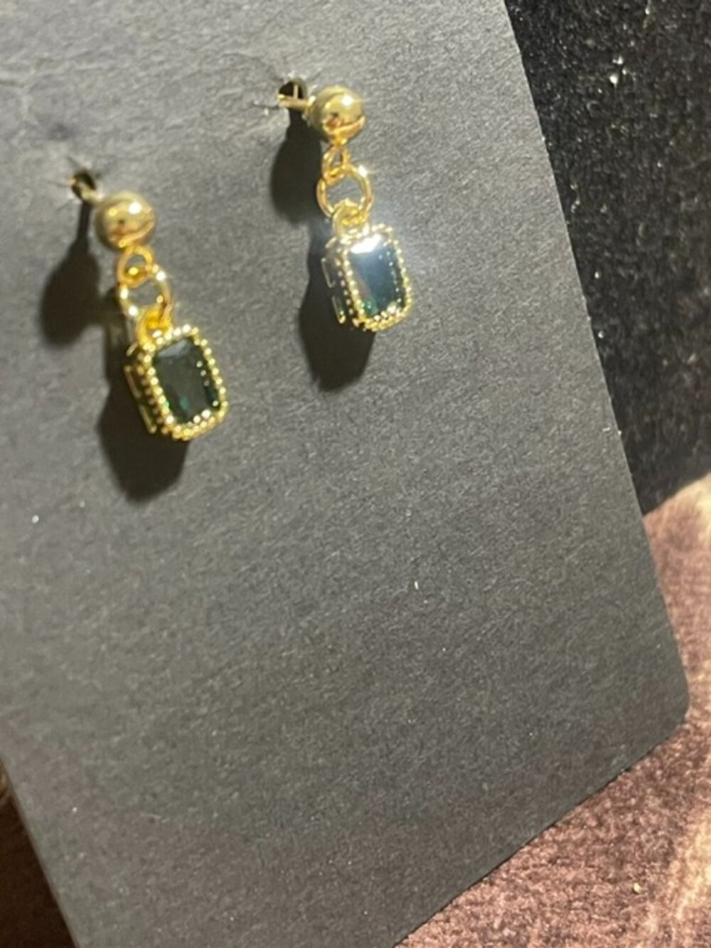 18K Gold Plated Emerald Green CZ Drop Earrings Emerald Cut New!